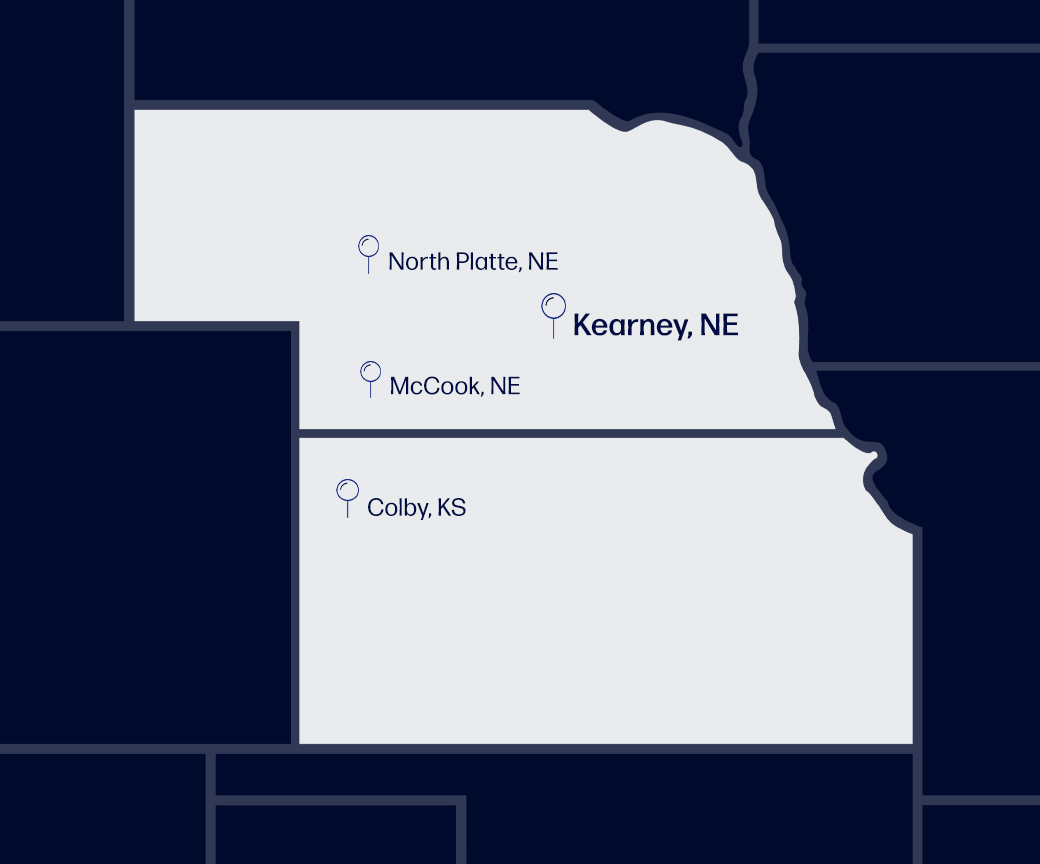 map of Miller Engineer locations including Kearney, North Platte, & McCook, NE and Colby, KS